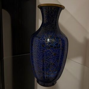 Blue & Gold Floral Metal Vase, 9”